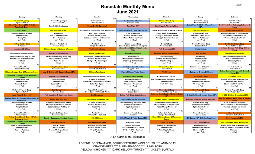 Rosedale Monthly Menu 5/17/2021 June 2021