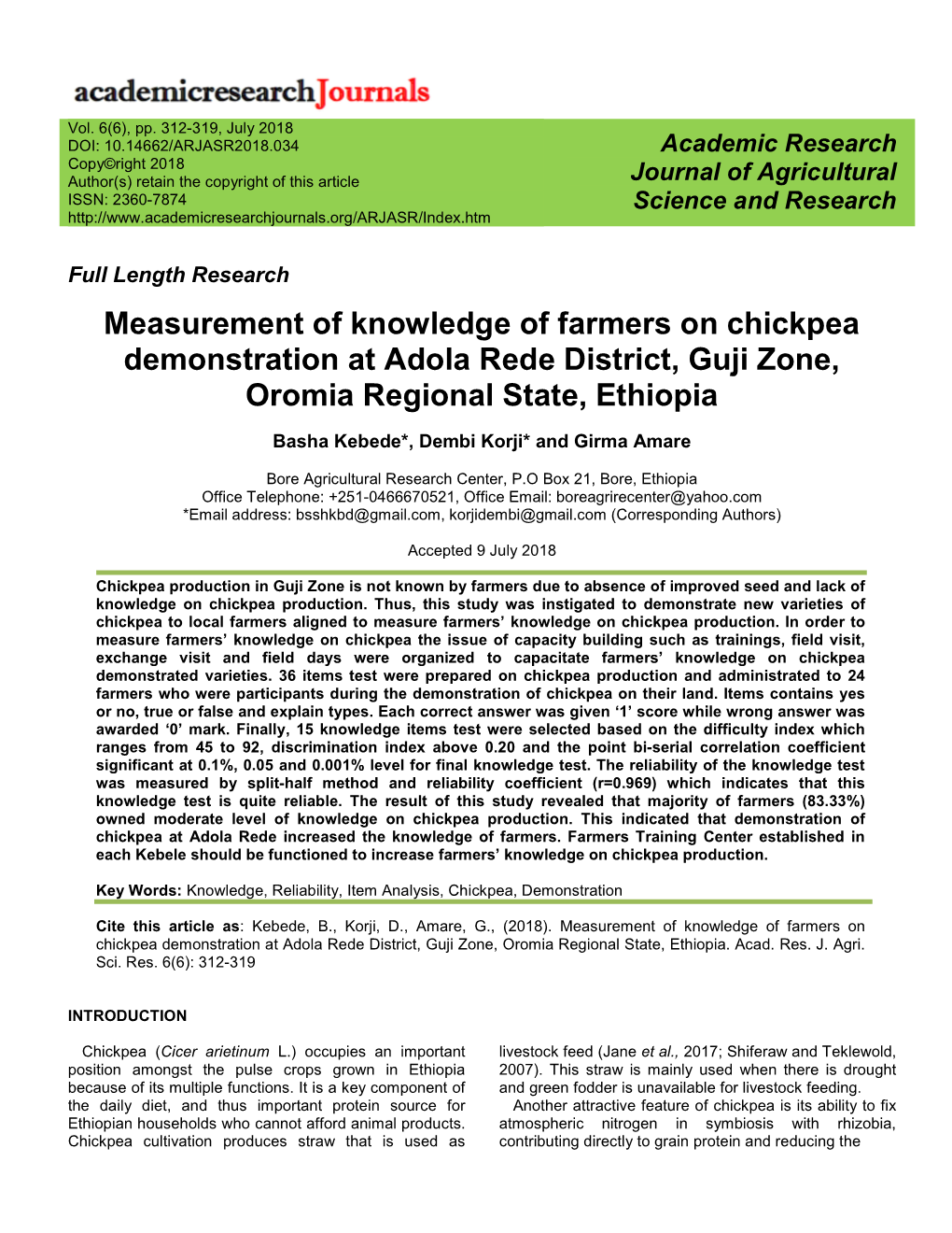Measurement of Knowledge of Farmers on Chickpea Demonstration at Adola Rede District, Guji Zone, Oromia Regional State, Ethiopia