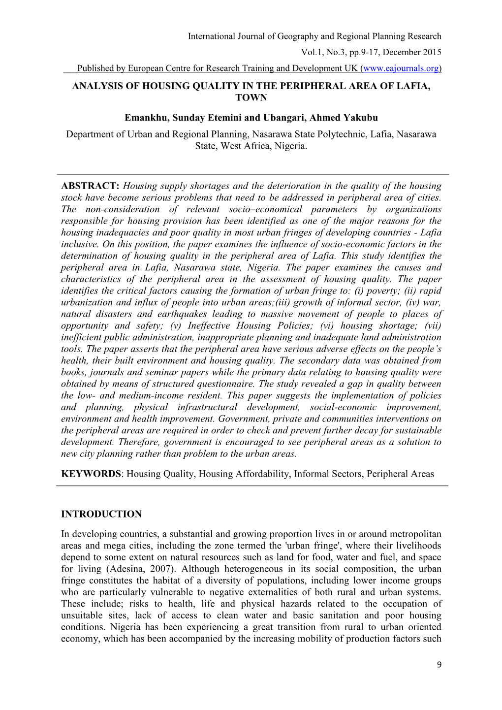 Analysis of Housing Quality in the Peripheral Area of Lafia Town