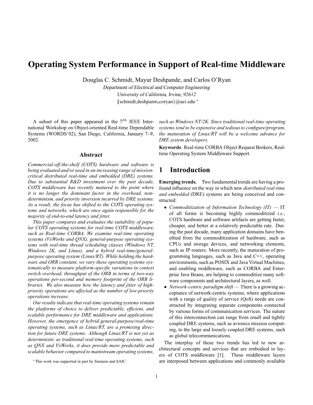 Operating System Performance in Support of Real-Time Middleware