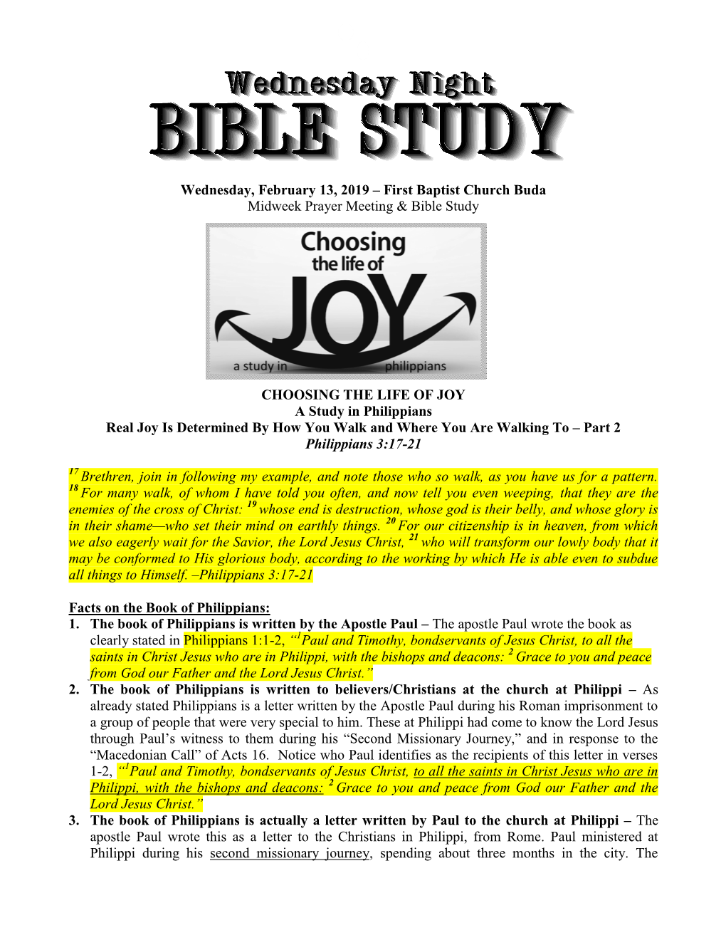FBC Buda Bible Study 2.13.19.Choosing the Life of Joy.Real Joy Is Determined By