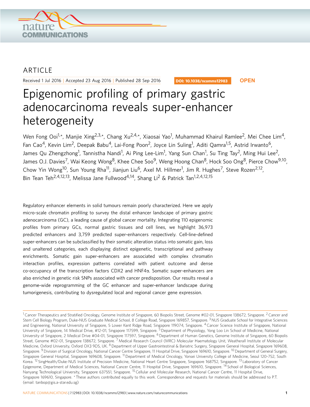 Epigenomic Profiling of Primary Gastric Adenocarcinoma Reveals Super