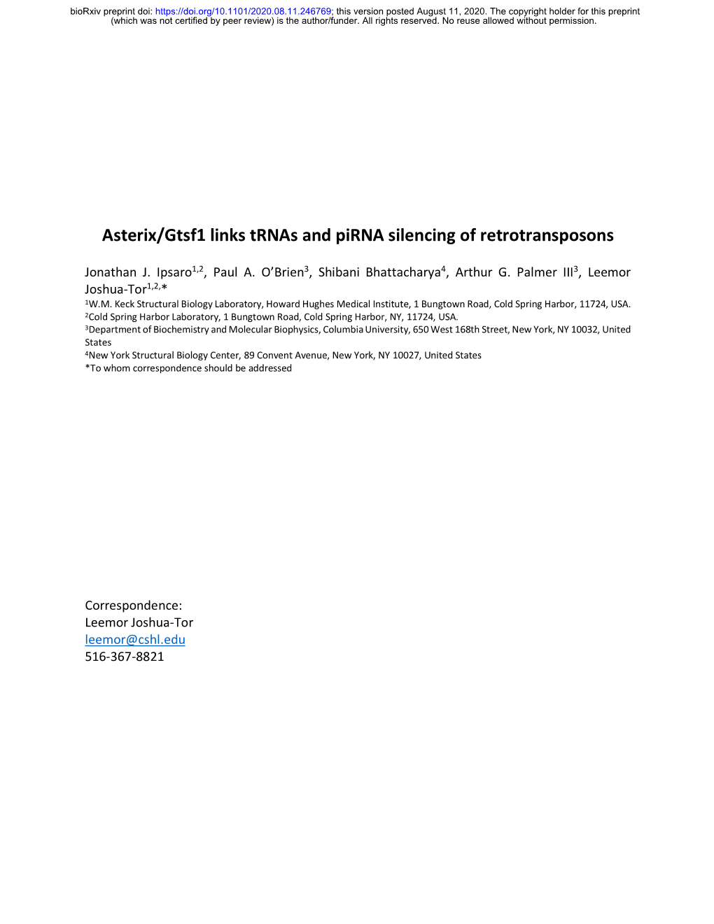 Asterix/Gtsf1 Links Trnas and Pirna Silencing of Retrotransposons