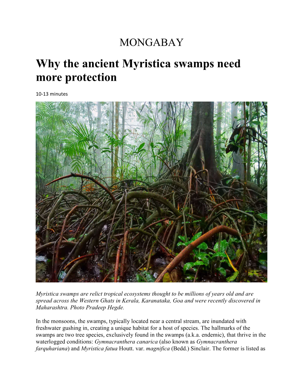 Why the Ancient Myristica Swamps Need More Protection