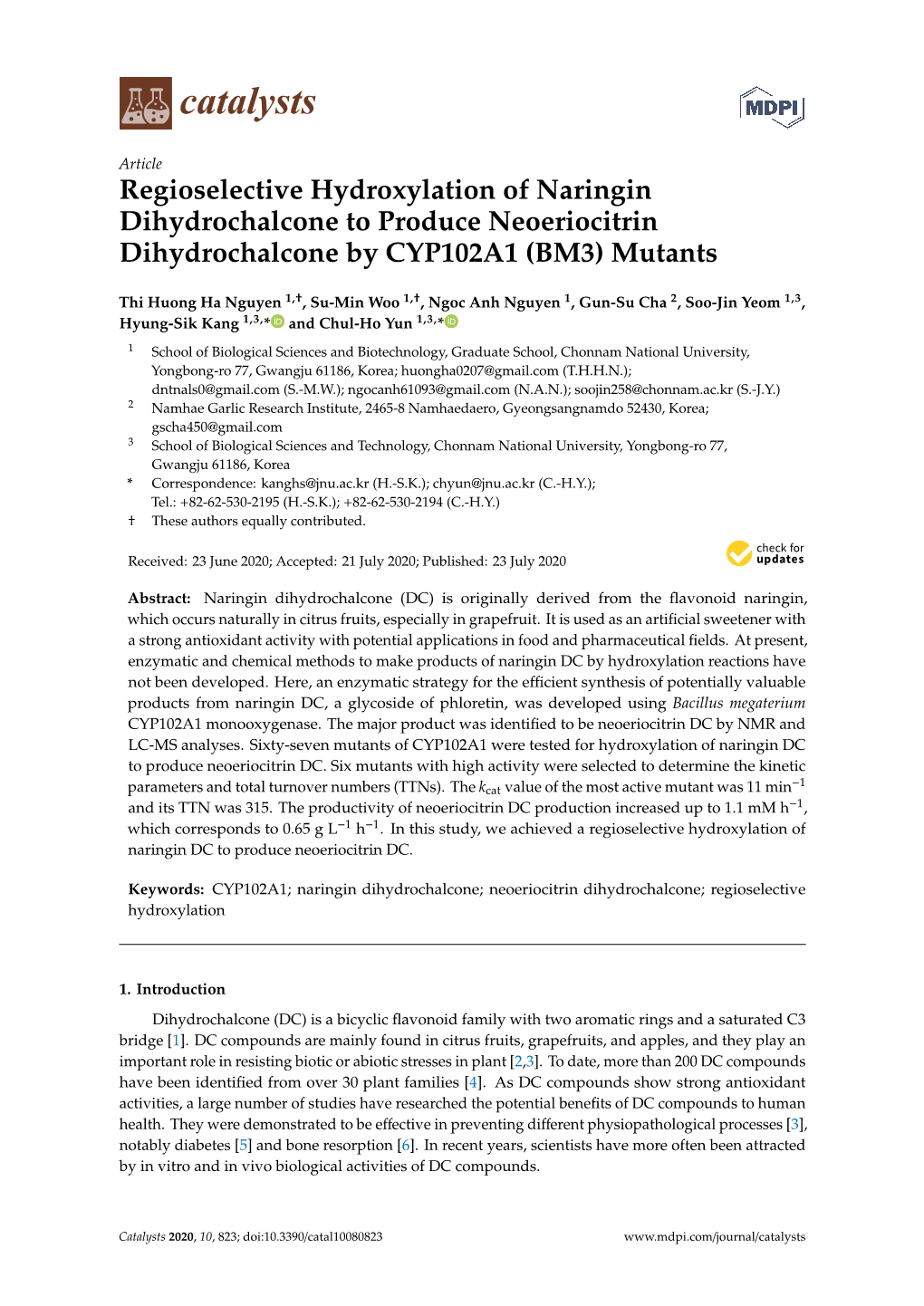 Regioselective Hydroxylation of Naringin Dihydrochalcone to Produce Neoeriocitrin Dihydrochalcone by CYP102A1 (BM3) Mutants