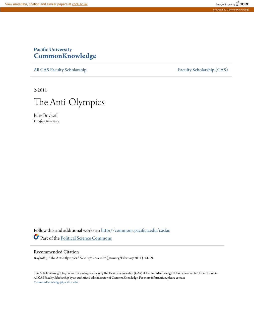 The Anti-Olympics Jules Boykoff Pacific Nu Iversity