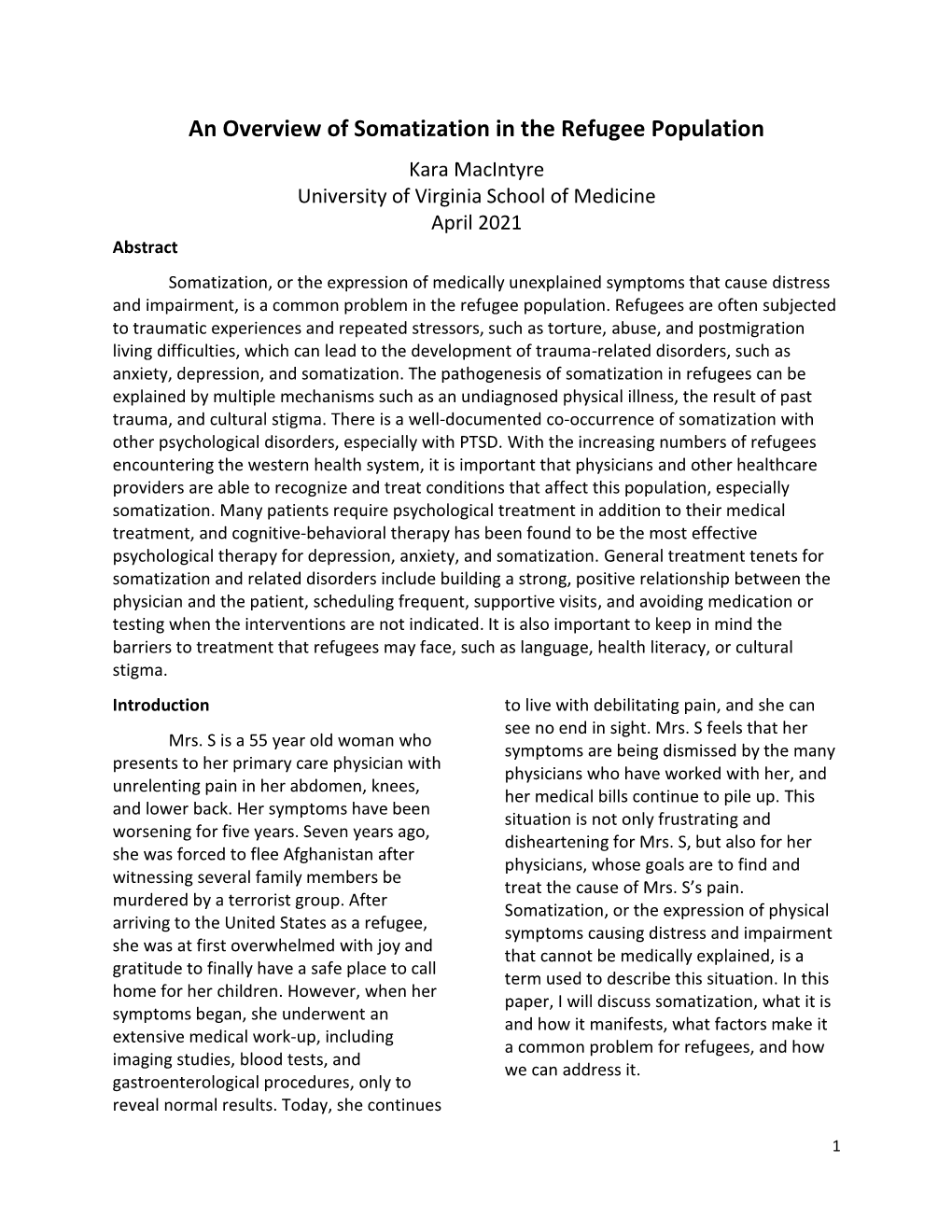 An Overview of Somatization in the Refugee Population