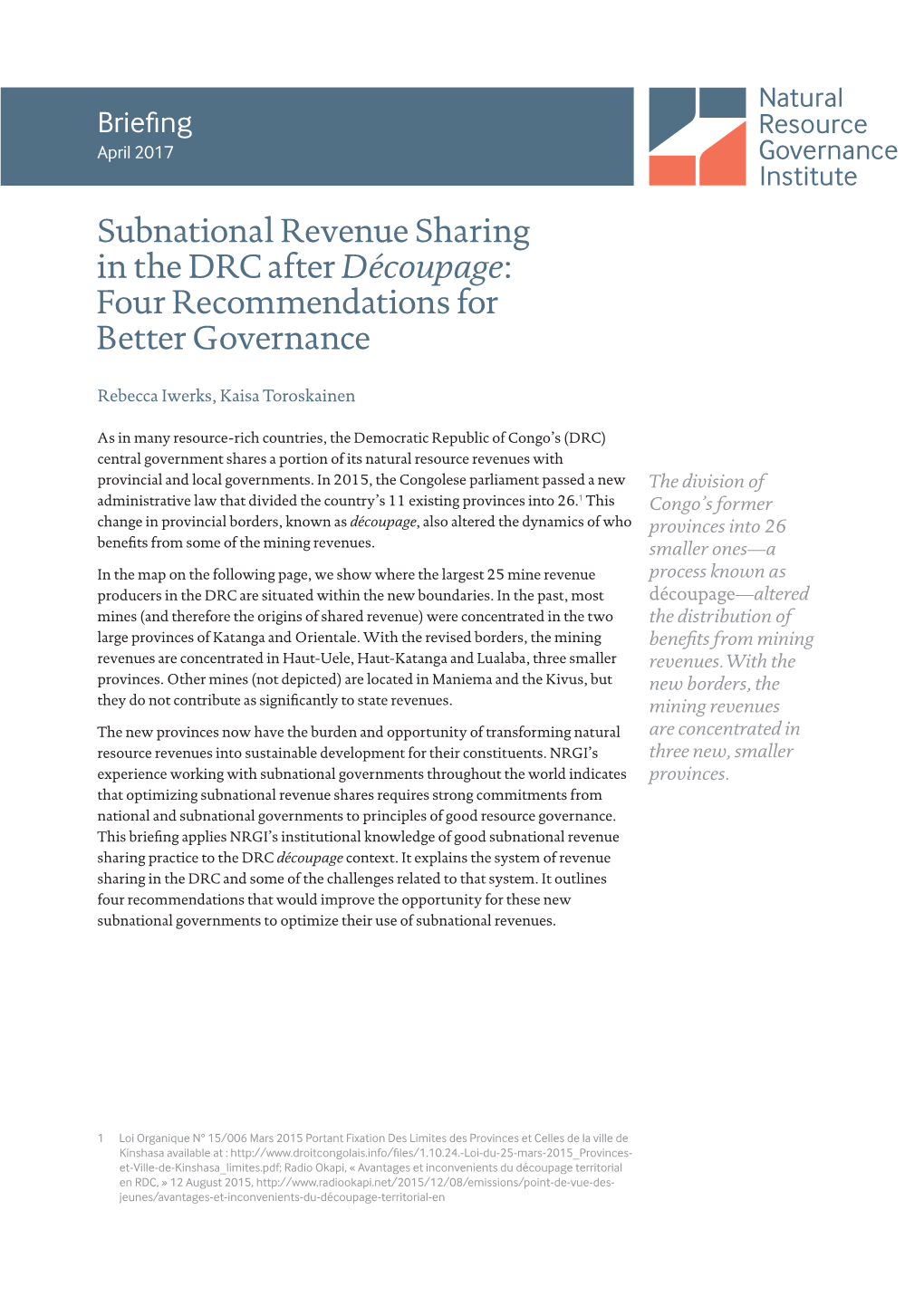 Subnational Revenue Sharing in the DRC After Découpage: Four Recommendations for Better Governance