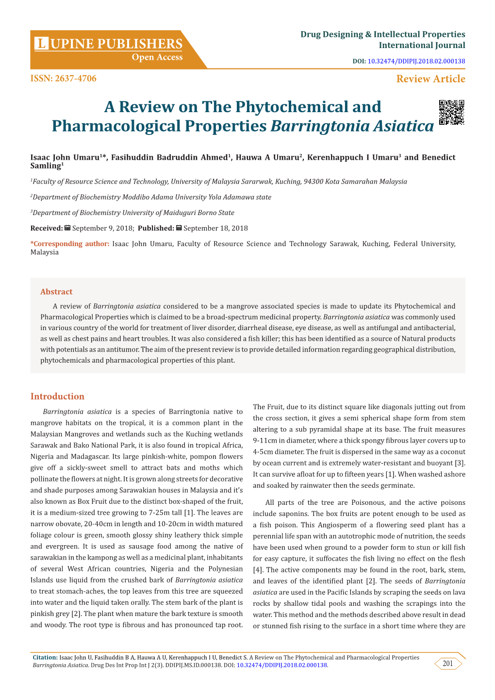A Review on the Phytochemical and Pharmacological Properties Barringtonia Asiatica