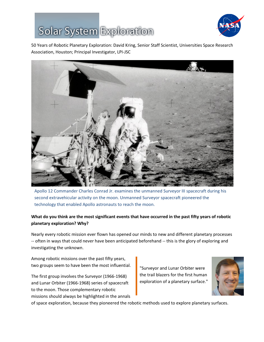 50 Years of Robotic Planetary Exploration: David Kring, Senior Staff Scientist, Universities Space Research Association, Houston; Principal Investigator, LPI-JSC