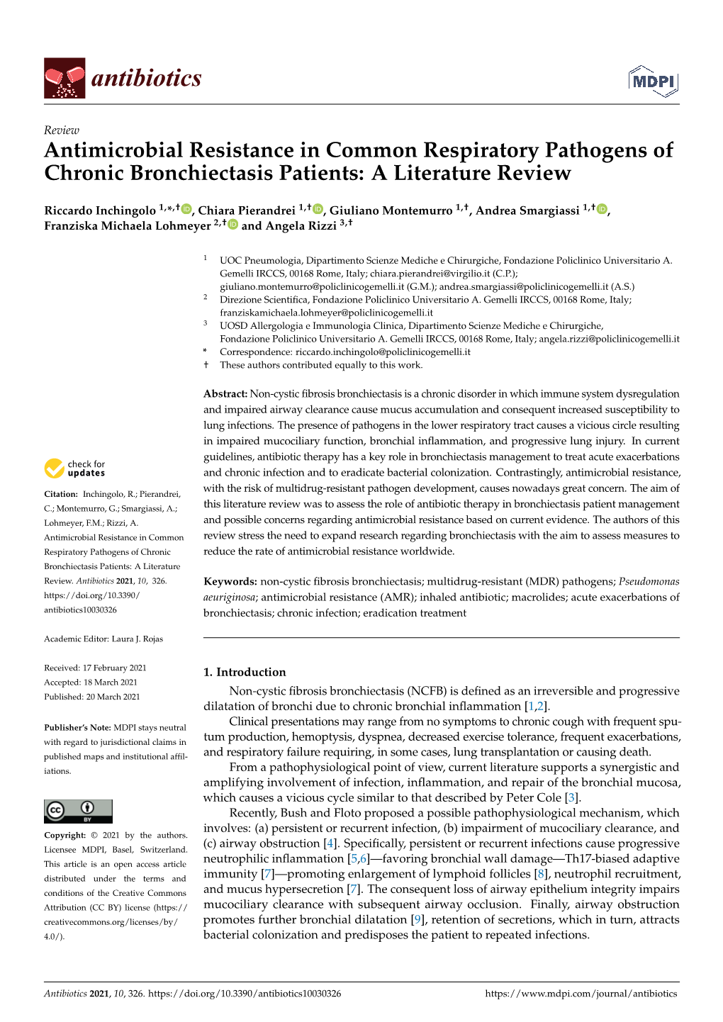 Antimicrobial Resistance in Common Respiratory Pathogens of Chronic Bronchiectasis Patients: a Literature Review