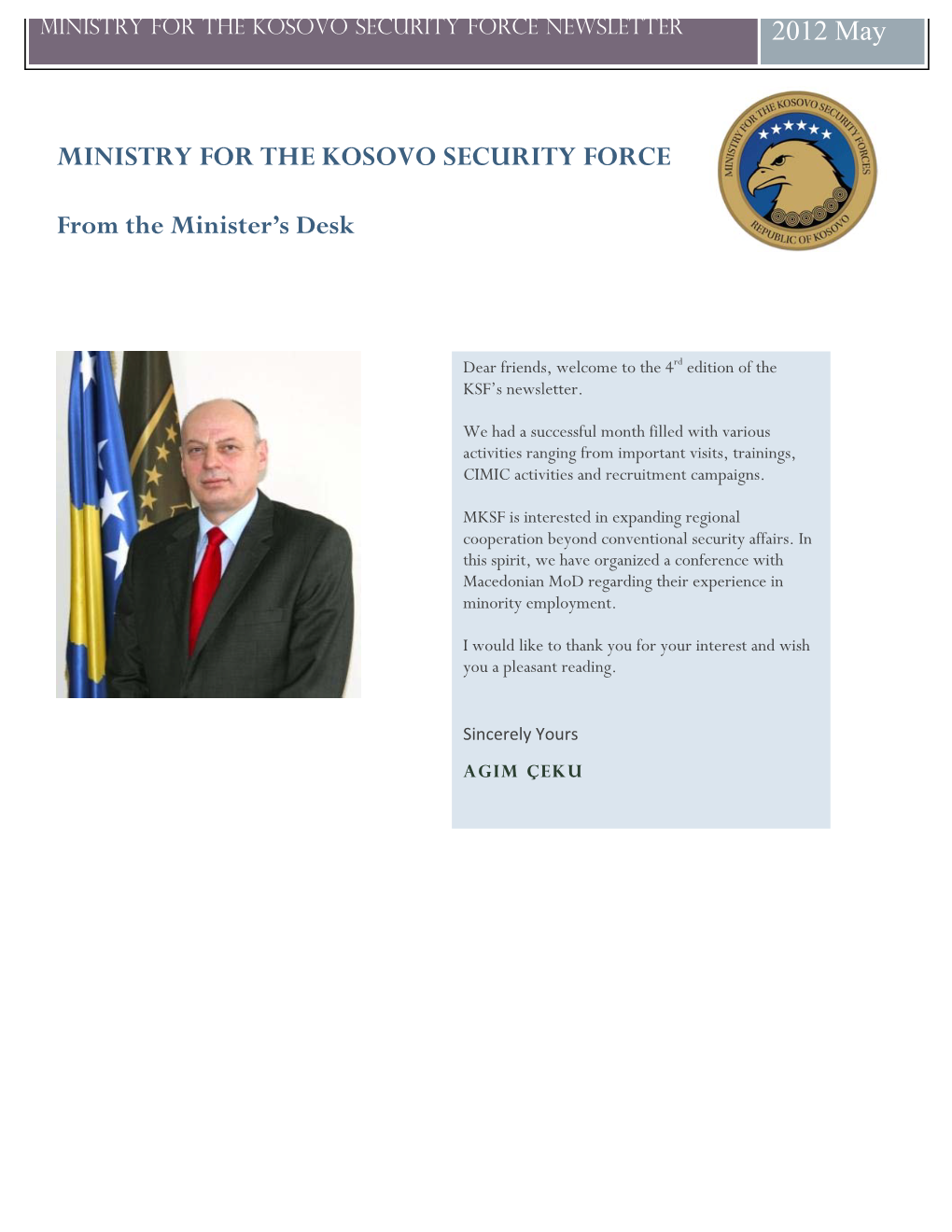 MINISTRY for the KOSOVO SECURITY FORCE NEWSLETTER 2012 May