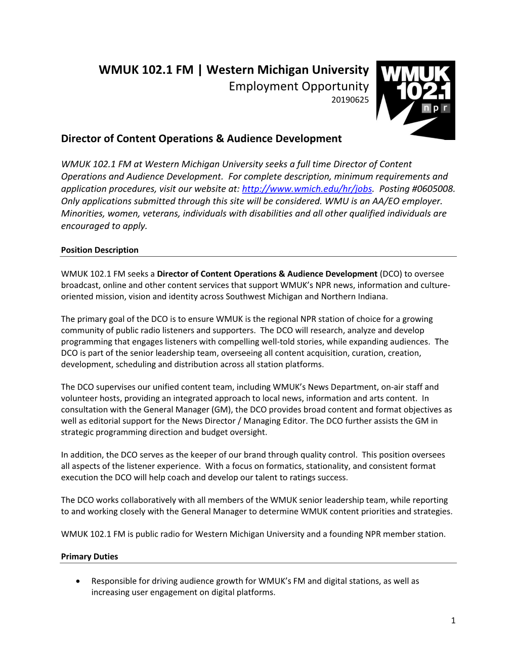 WMUK 102.1 FM | Western Michigan University Employment Opportunity 20190625