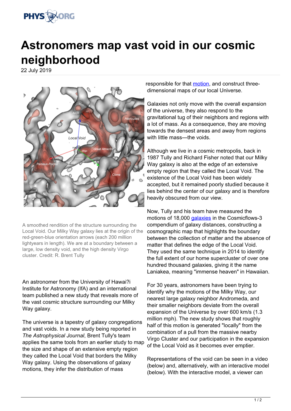 Astronomers Map Vast Void in Our Cosmic Neighborhood 22 July 2019