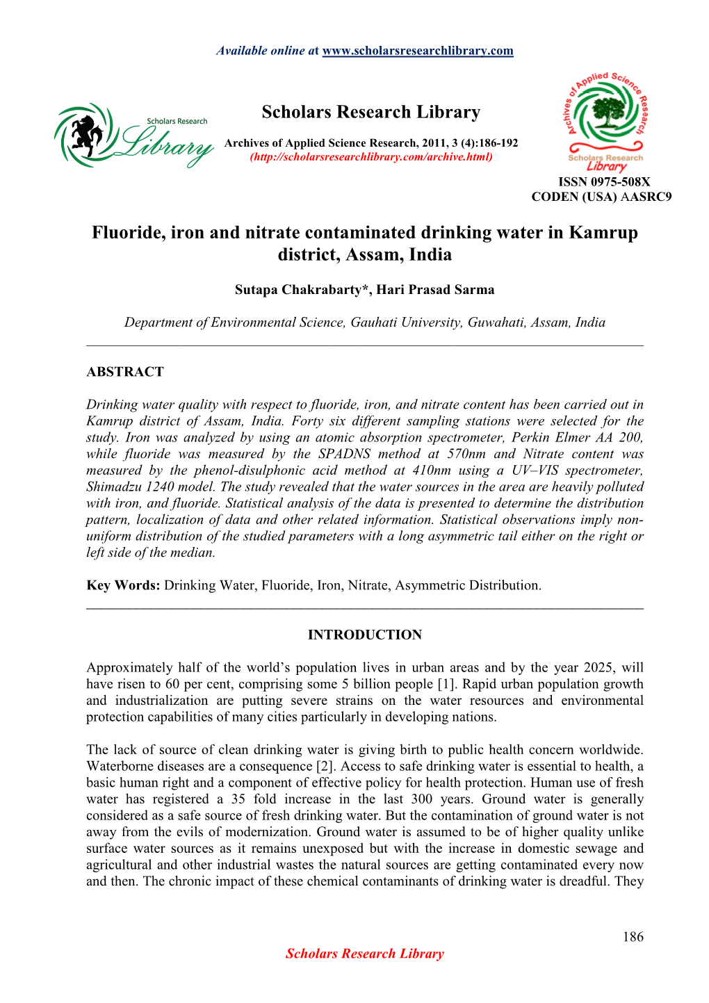 Fluoride, Iron and Nitrate Contaminated Drinking Water in Kamrup District, Assam, India