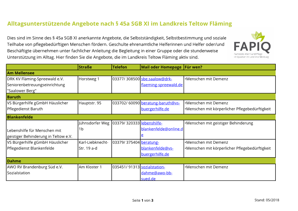 Alltagsunterstützende Angebote Nach § 45A SGB XI Im Landkreis Teltow Fläming