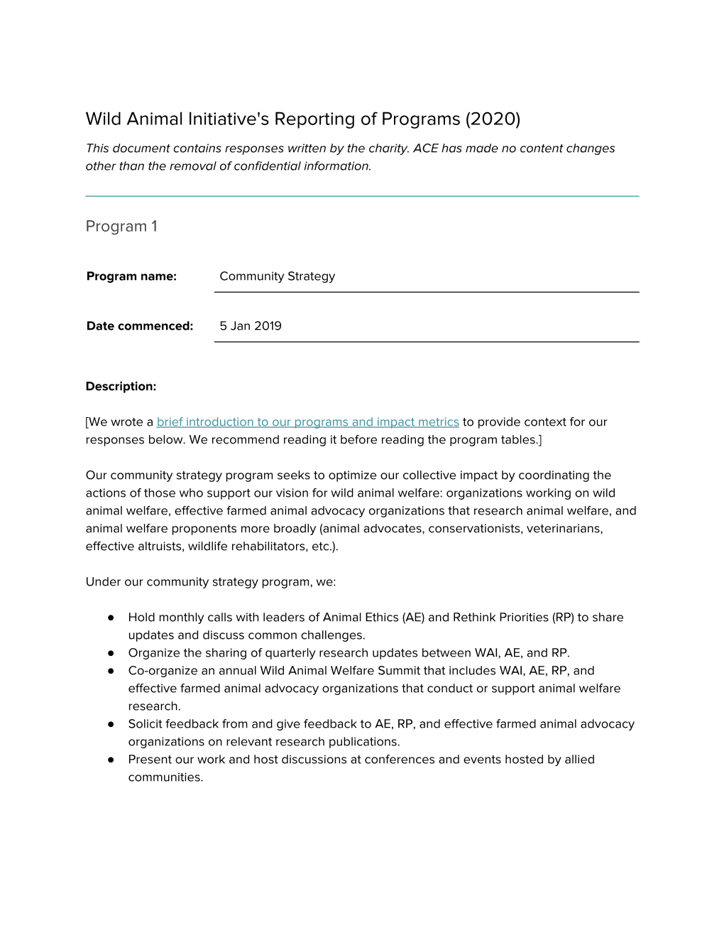 Wild Animal Initiative's Reporting of Programs (2020) This Document Contains Responses Written by the Charity