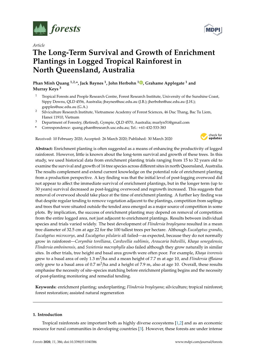 The Long-Term Survival and Growth of Enrichment Plantings in Logged Tropical Rainforest in North Queensland, Australia