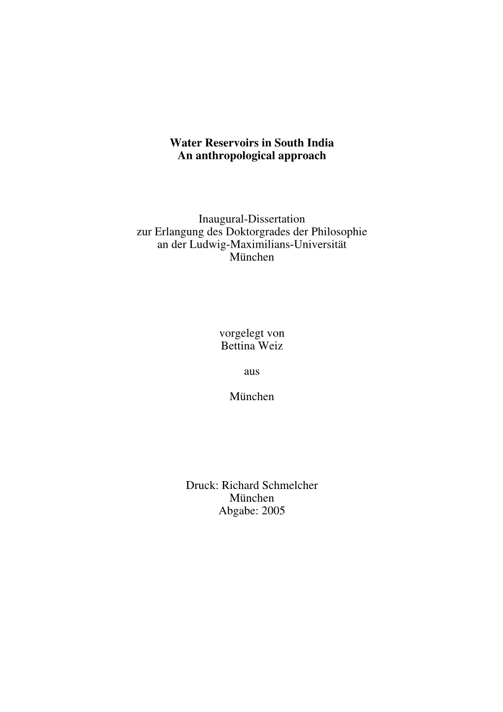 Water Reservoirs in South India. an Anthropological Approach