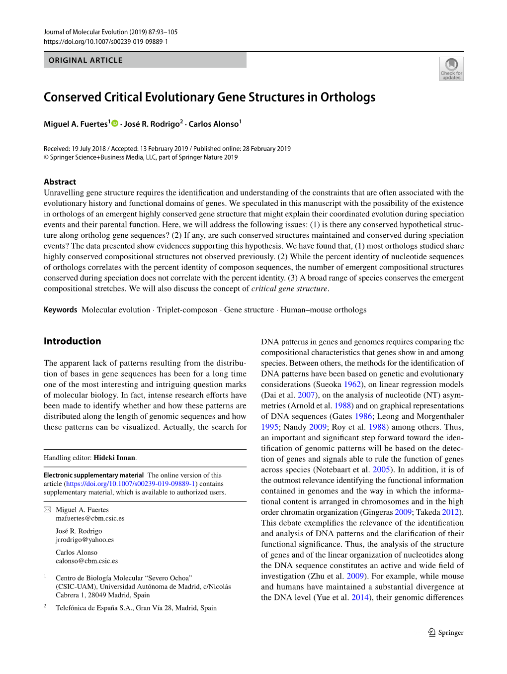 Conserved Critical Evolutionary Gene Structures in Orthologs