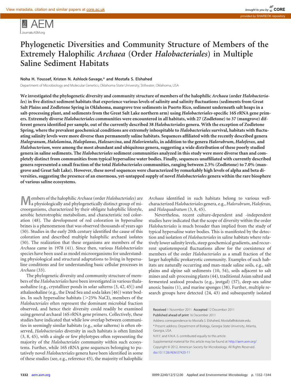 Phylogenetic Diversities and Community Structure of Members of the Extremely Halophilic Archaea (Order Halobacteriales) in Multiple Saline Sediment Habitats