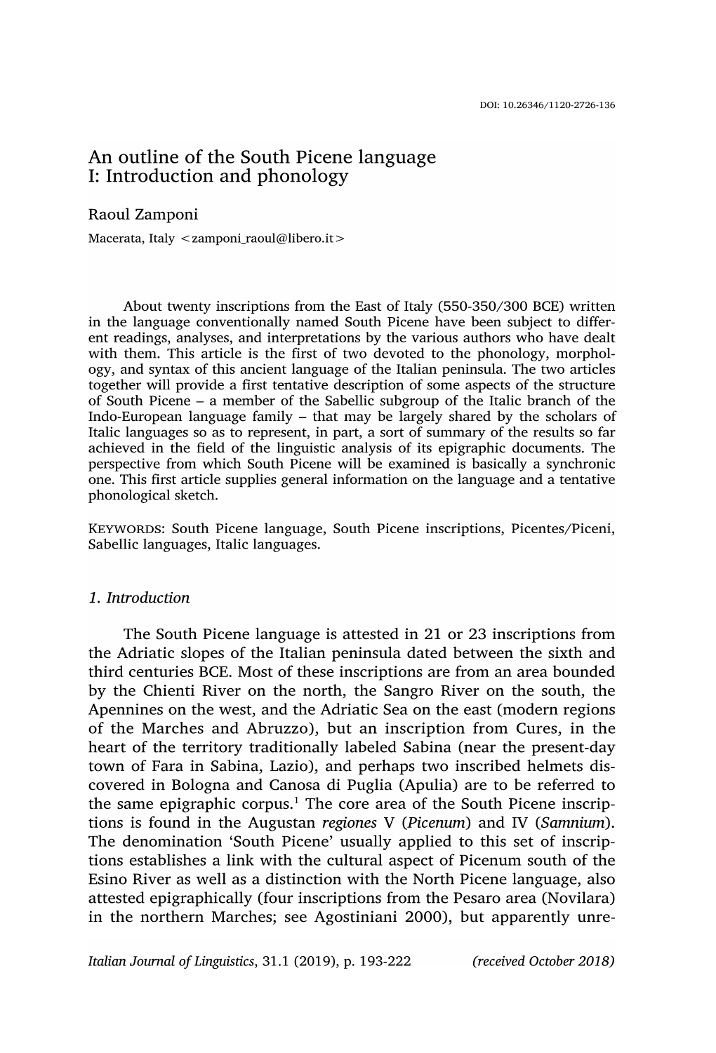 An Outline of the South Picene Language I: Introduction and Phonology