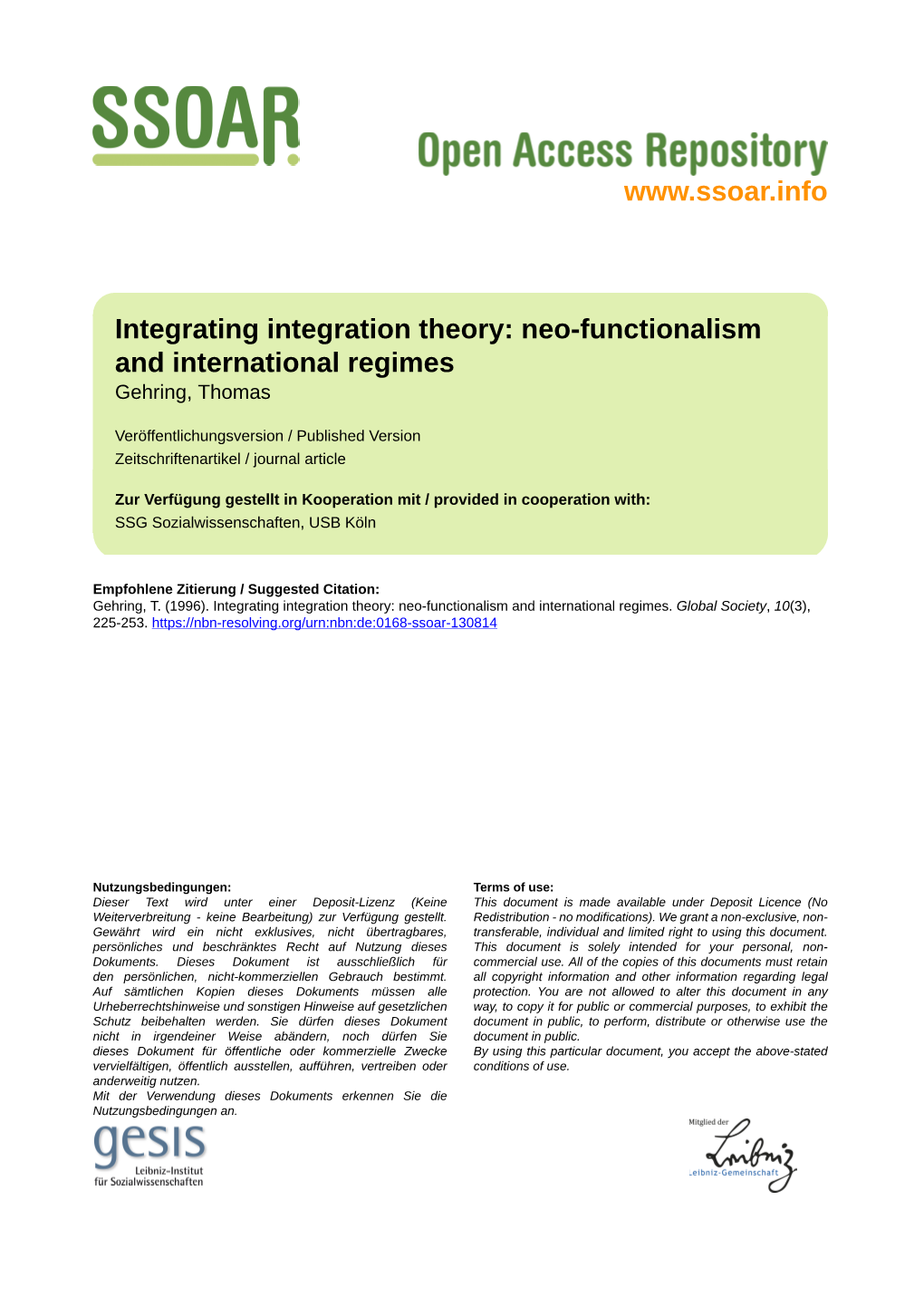 Integrating Integration Theory: Neo-Functionalism and International Regimes Gehring, Thomas