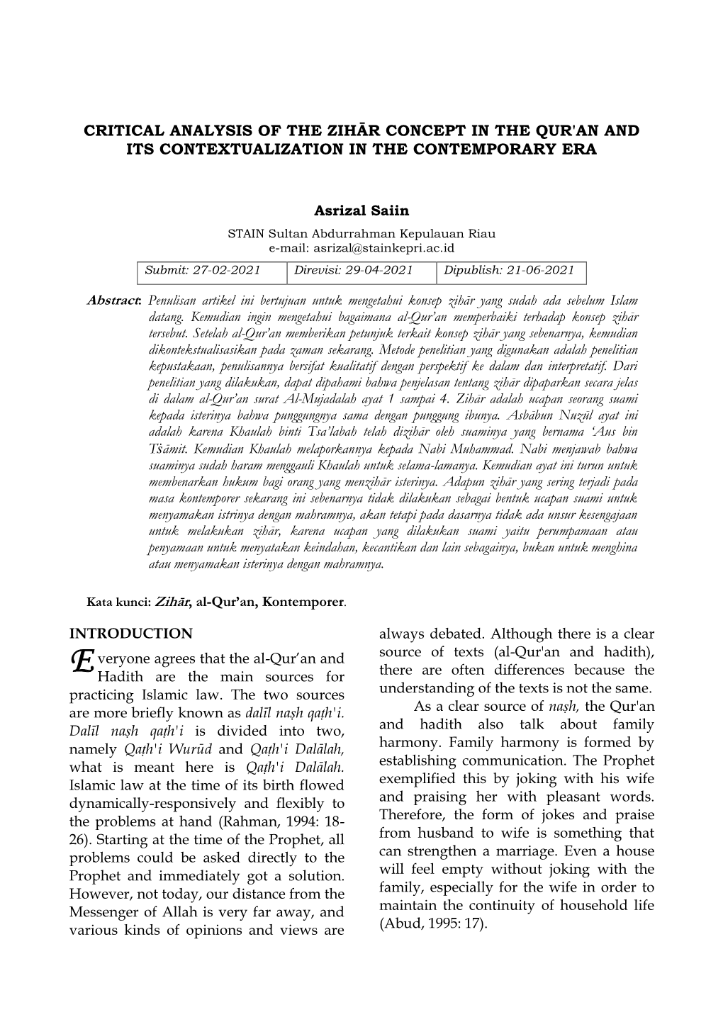 Critical Analysis of the Zihār Concept in the Qur'an and Its Contextualization in the Contemporary Era