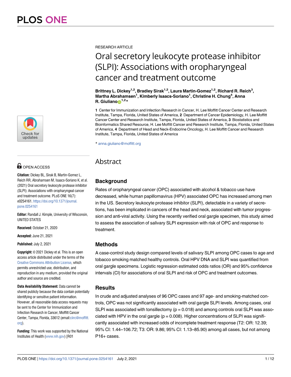 Oral Secretory Leukocyte Protease Inhibitor (SLPI): Associations with Oropharyngeal Cancer and Treatment Outcome