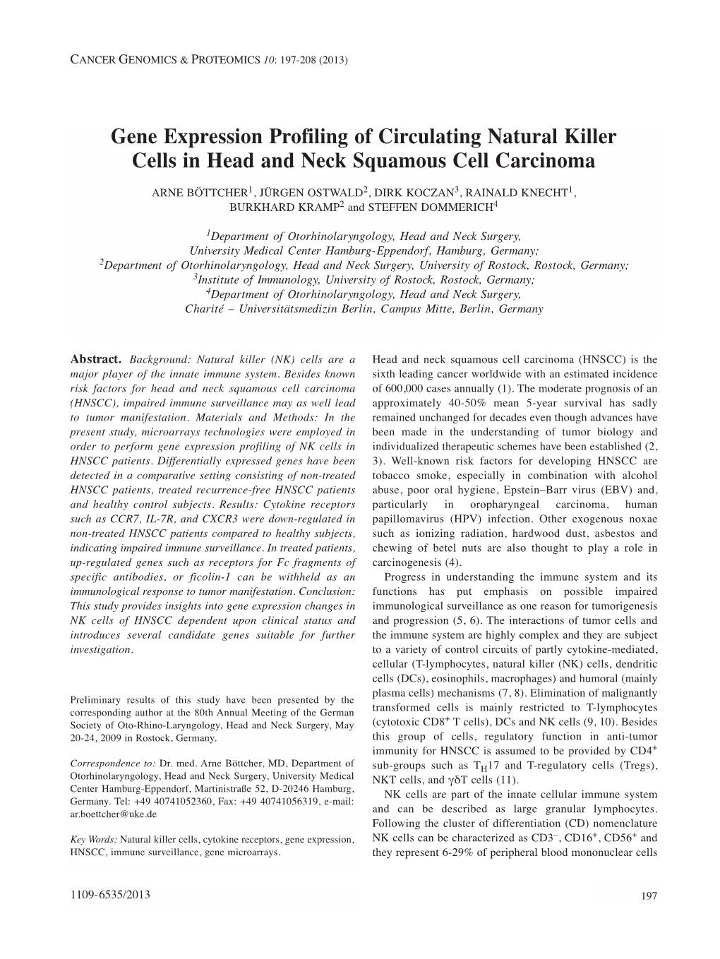 Gene Expression Profiling of Circulating Natural Killer Cells in Head and Neck Squamous Cell Carcinoma