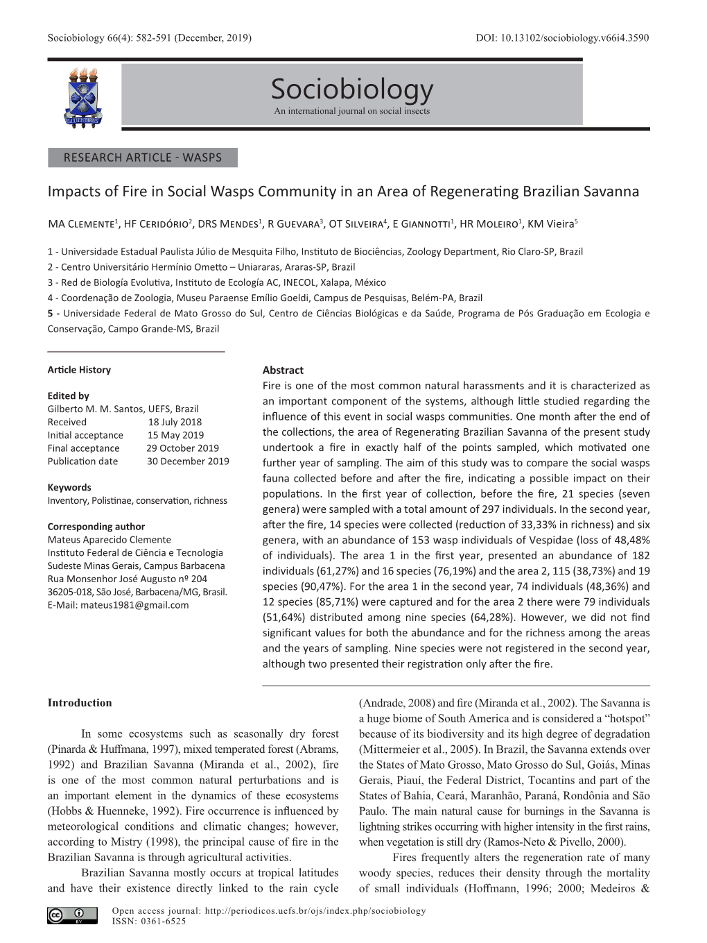 Sociobiology 66(4): 582-591 (December, 2019) DOI: 10.13102/Sociobiology.V66i4.3590