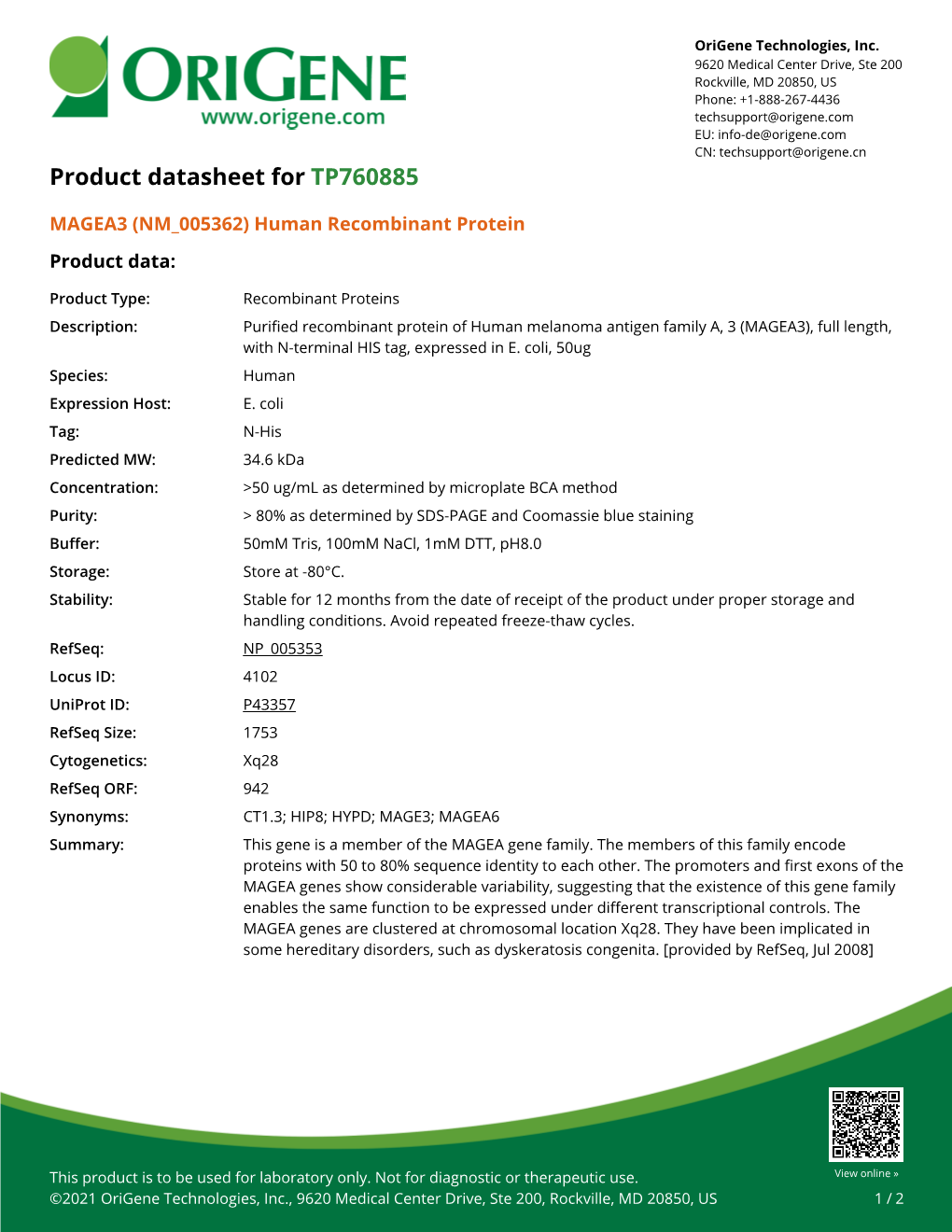 MAGEA3 (NM 005362) Human Recombinant Protein Product Data