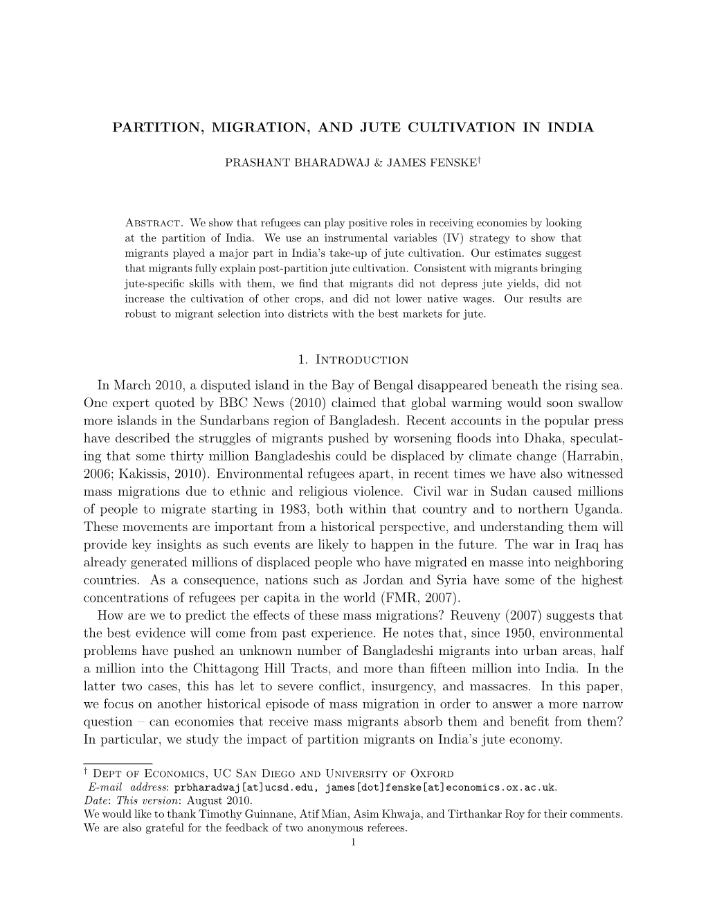 Partition, Migration and Jute Cultivation in India