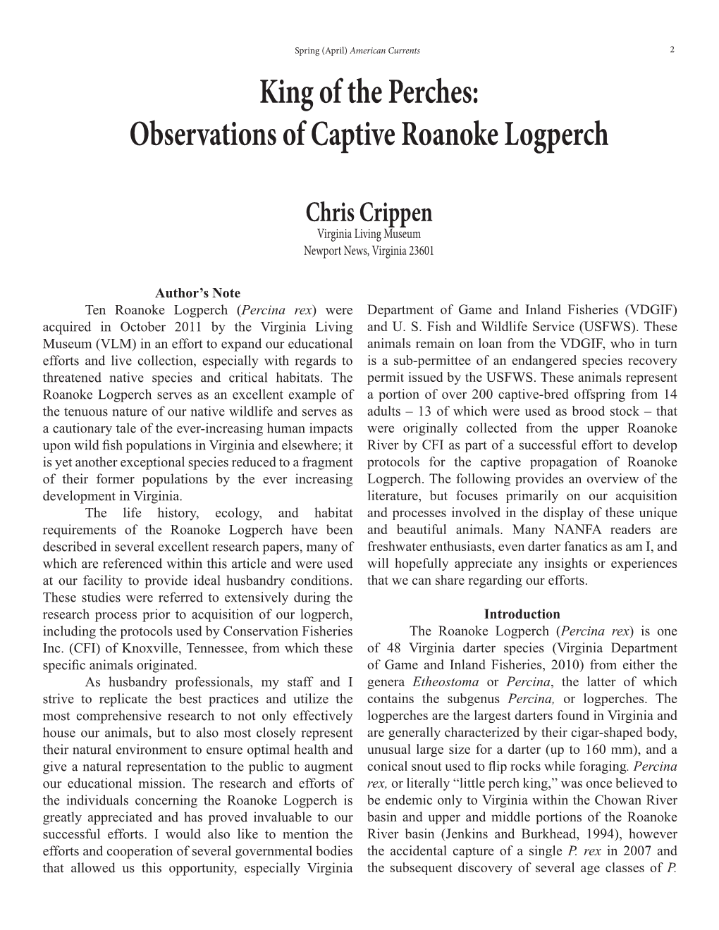 Observations of Captive Roanoke Logperch