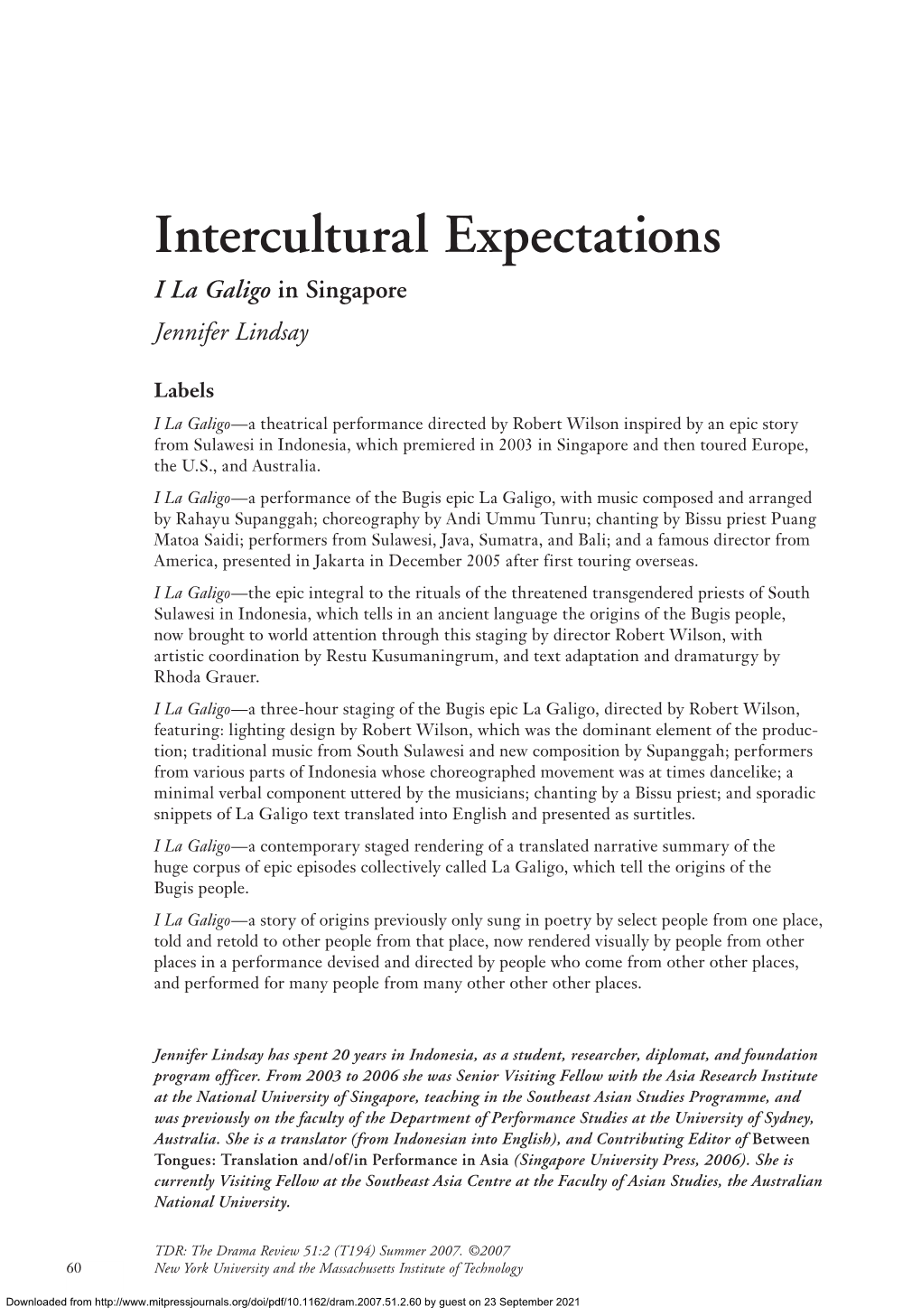 Intercultural Expectations I La Galigo in Singapore Jennifer Lindsay