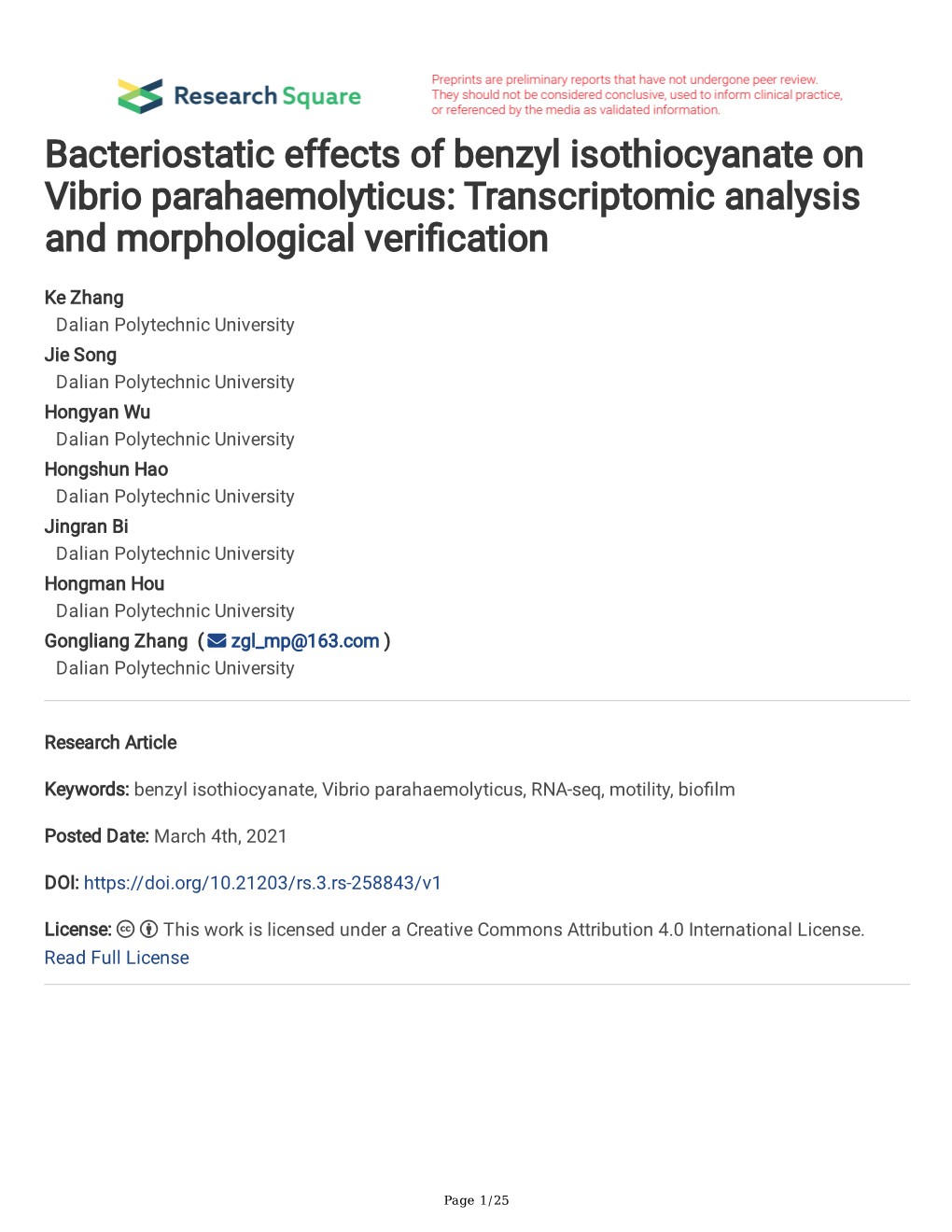 Bacteriostatic Effects of Benzyl Isothiocyanate on Vibrio Parahaemolyticus: Transcriptomic Analysis and Morphological Verifcation