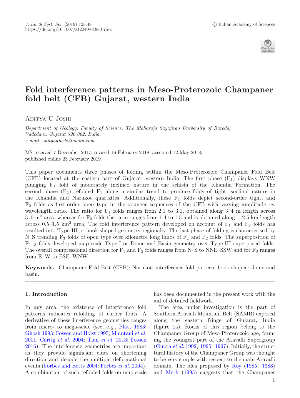 Fold Interference Patterns in Meso-Proterozoic Champaner Fold Belt (CFB) Gujarat, Western India