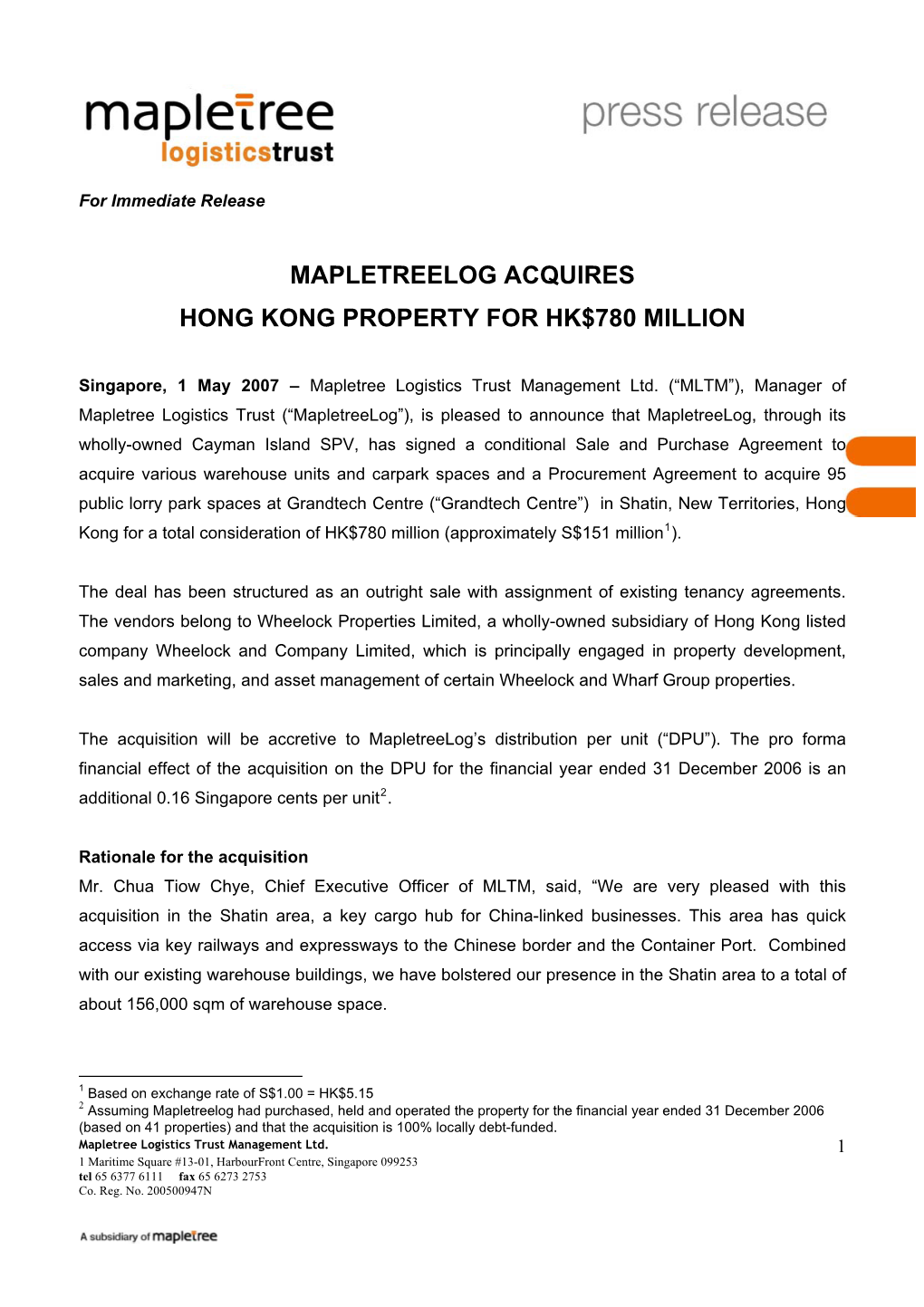 Mapletreelog Acquires Hong Kong Property for Hk$780 Million