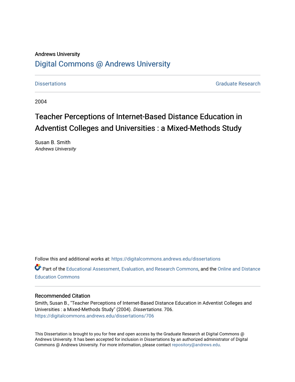 Teacher Perceptions of Internet-Based Distance Education in Adventist Colleges and Universities : a Mixed-Methods Study