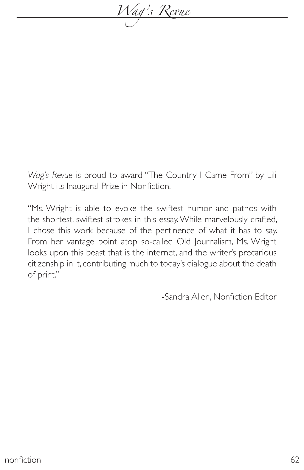 “The Country I Came From” by Lili Wright Its Inaugural Prize in Nonfiction