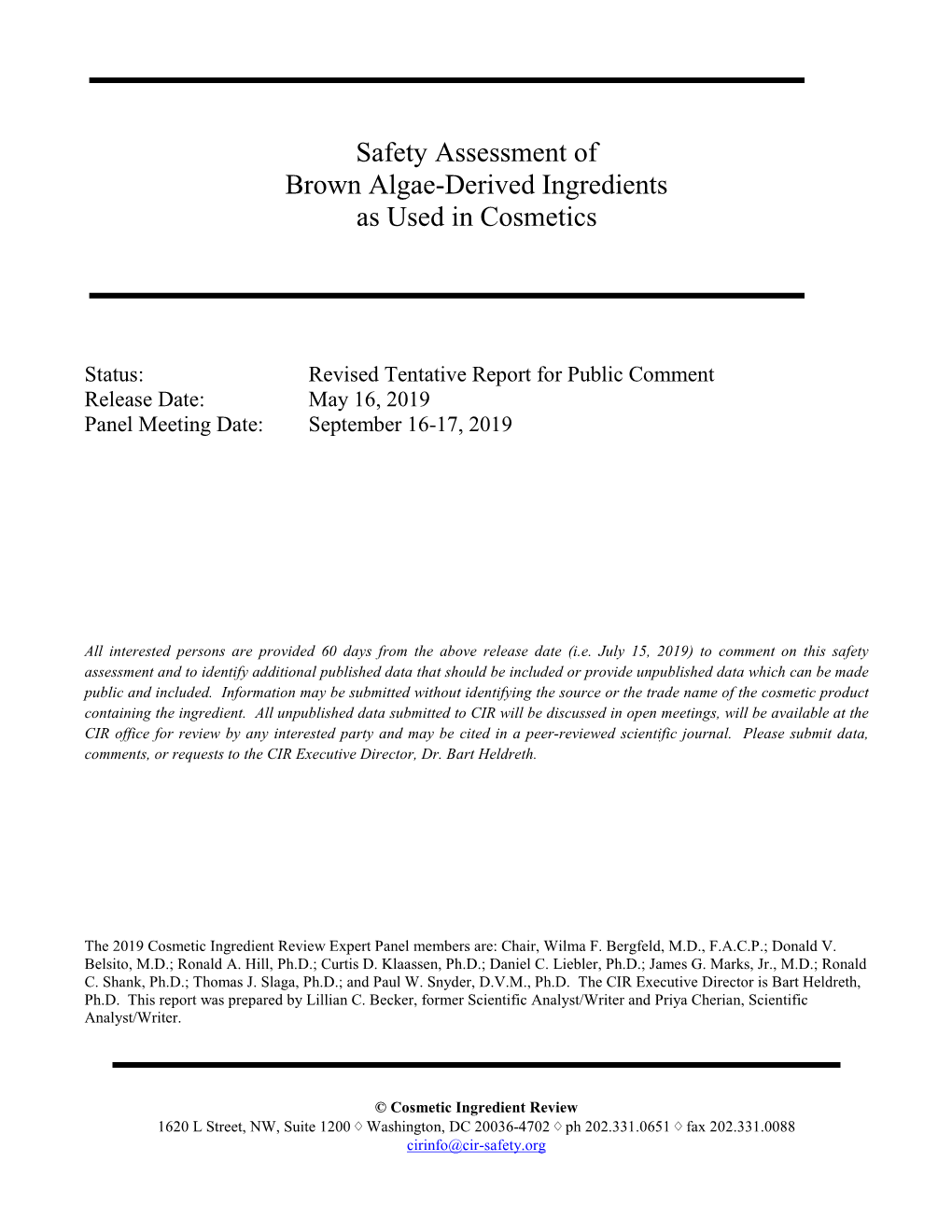 Safety Assessment of Brown Algae-Derived Ingredients As Used in Cosmetics