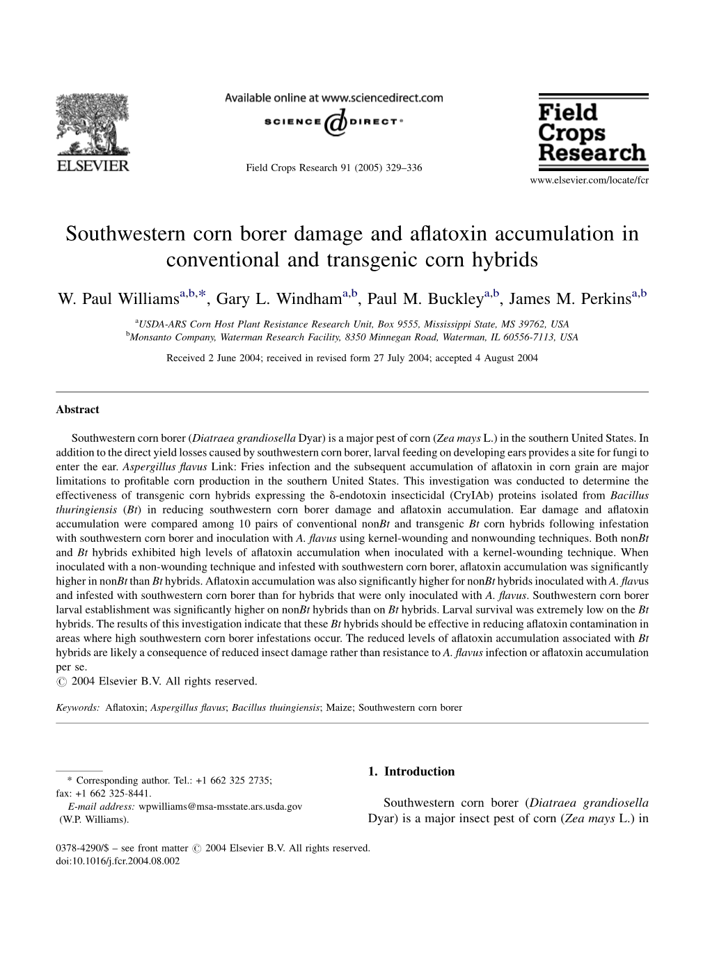 Southwestern Corn Borer Damage and Aflatoxin Accumulation In