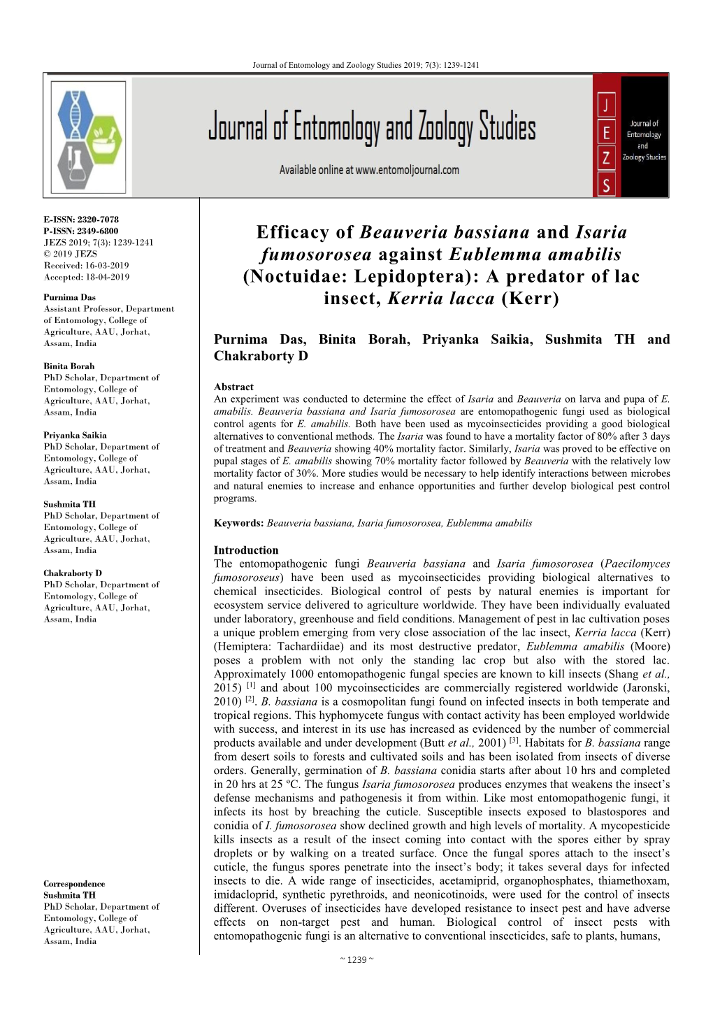 Efficacy of Beauveria Bassiana and Isaria Fumosorosea Against