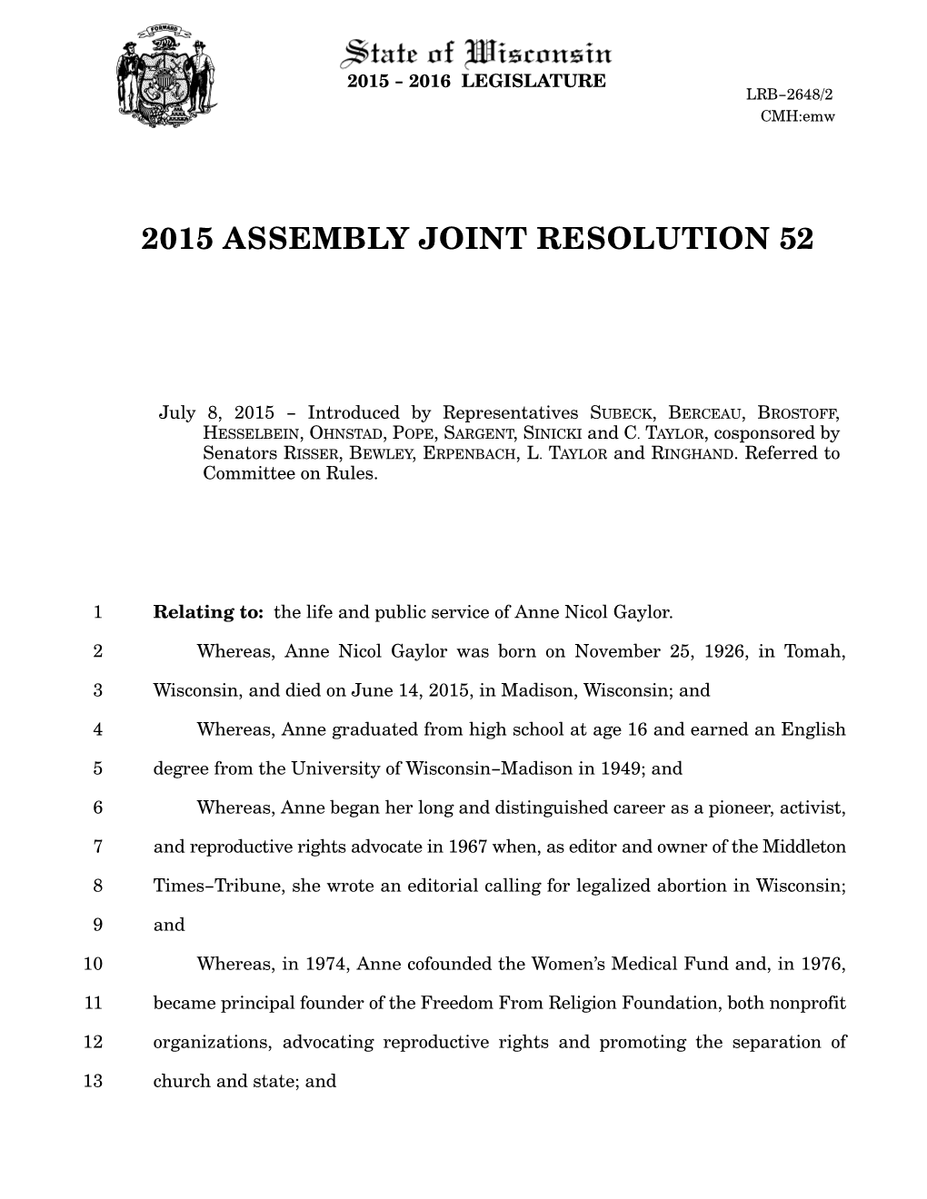 2015 Assembly Joint Resolution 52