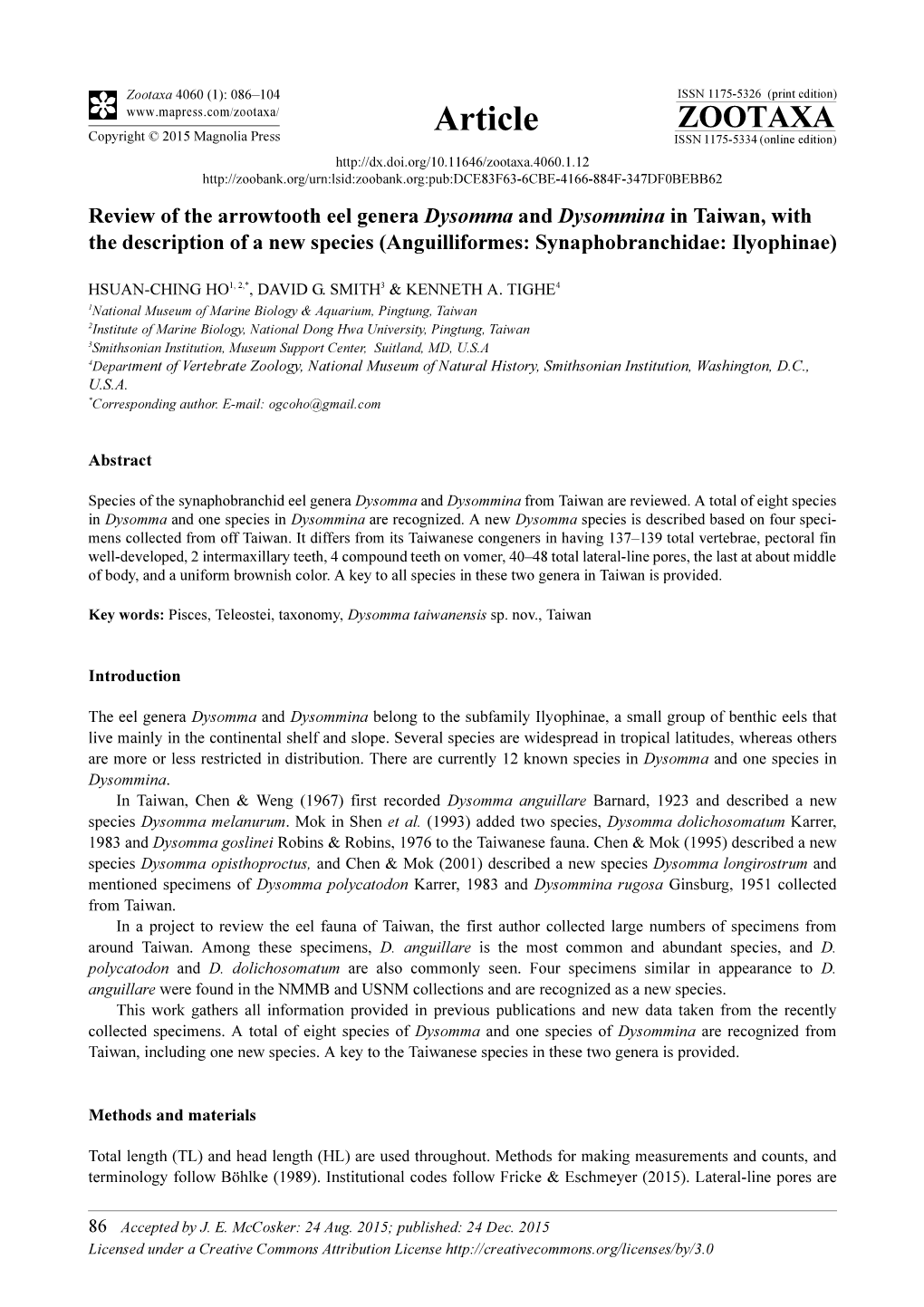 Review of the Arrowtooth Eel Genera Dysomma and Dysommina in Taiwan, with the Description of a New Species (Anguilliformes: Synaphobranchidae: Ilyophinae)