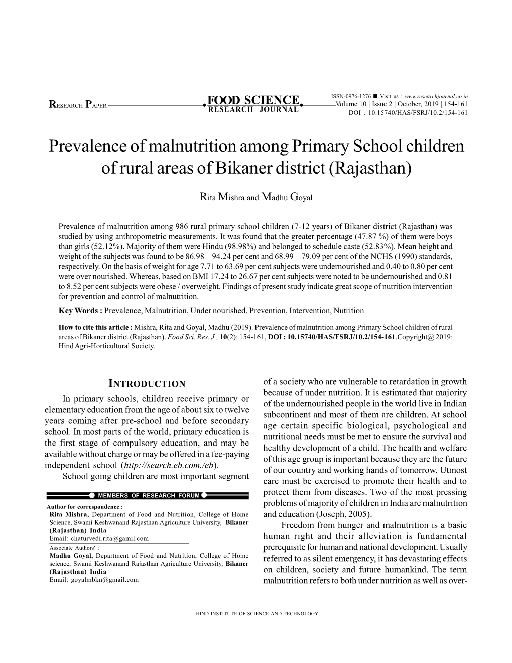Prevalence of Malnutrition Among Primary School Children of Rural Areas of Bikaner District (Rajasthan)