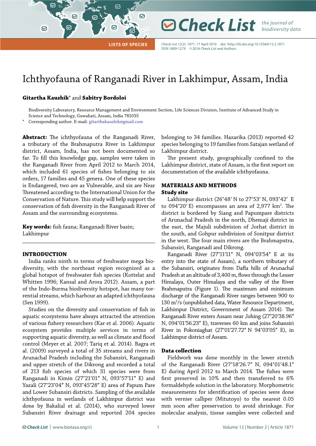 Ichthyofauna of Ranganadi River in Lakhimpur, Assam, India