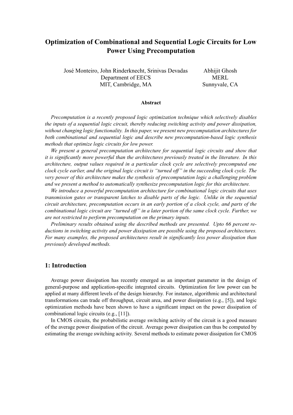 Optimization of Combinational and Sequential Logic Circuits for Low Power Using Precomputation