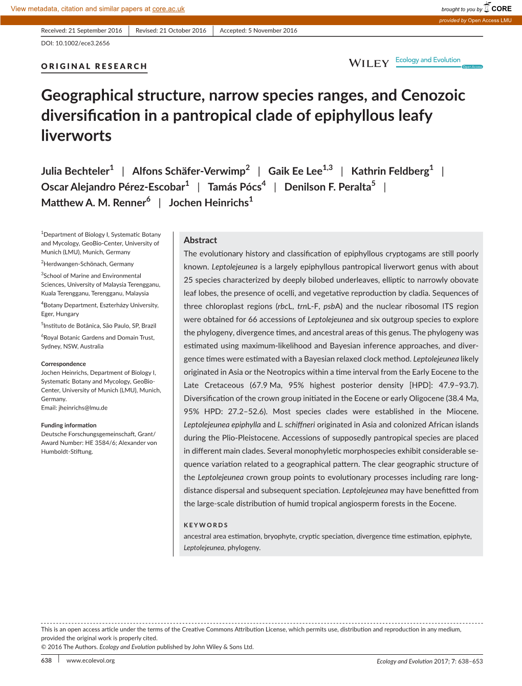 Geographical Structure, Narrow Species Ranges, and Cenozoic Diversification in a Pantropical Clade of Epiphyllous Leafy Liverworts