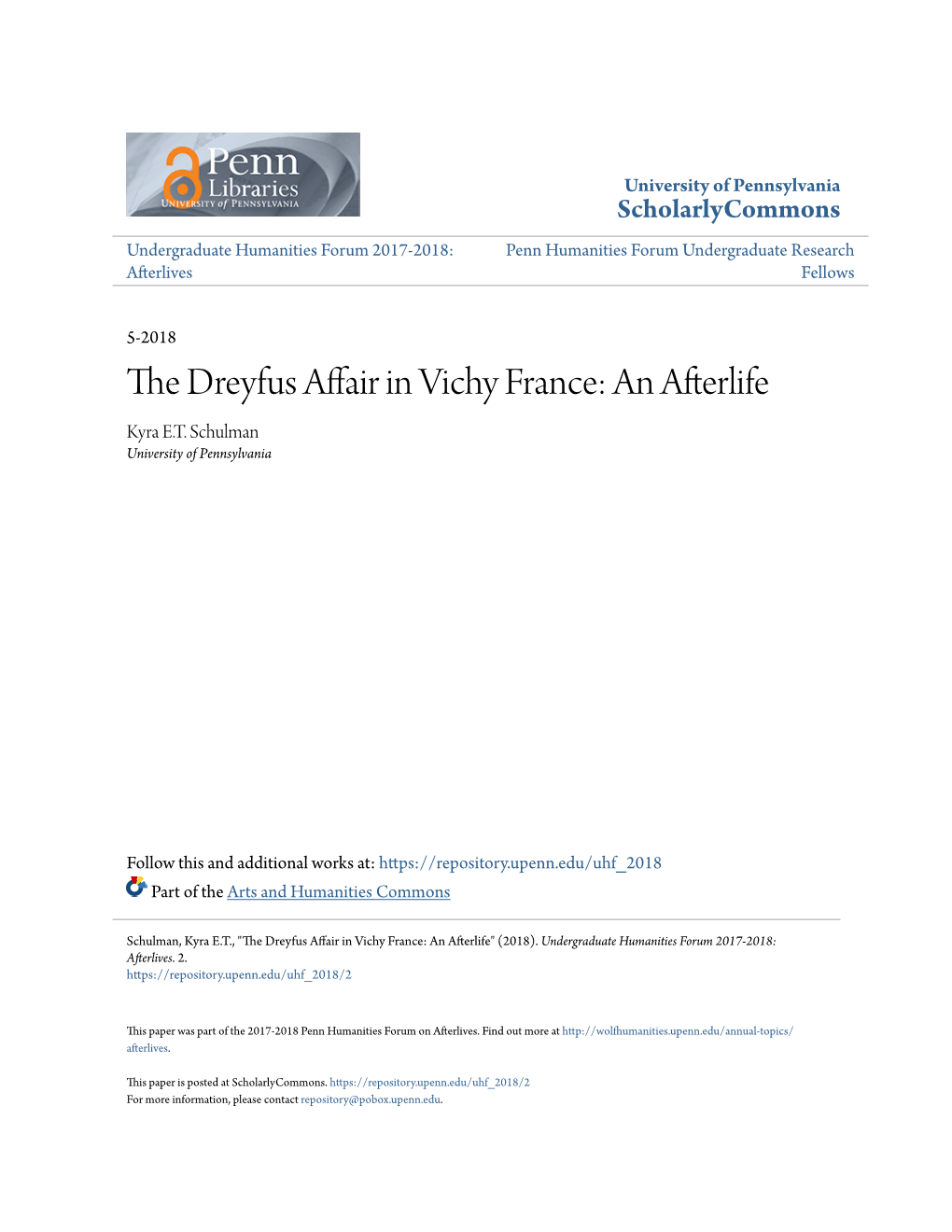 The Dreyfus Affair in Vichy France: an Afterlife Kyra E.T